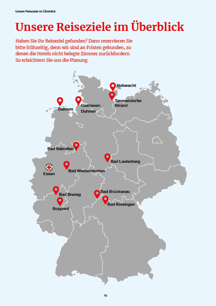 Seniorenreisen Karte Deutschlandkarte in hellblau mit rot markierten Reisezielen