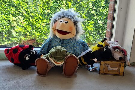 Wer ist Clara? Verschiedene nebeneinander liegende Kuscheltiere: Einen Marienkäfer, eine Handpuppe als ältere Frau, eine Hummel, ein Frosch und eine Maus.